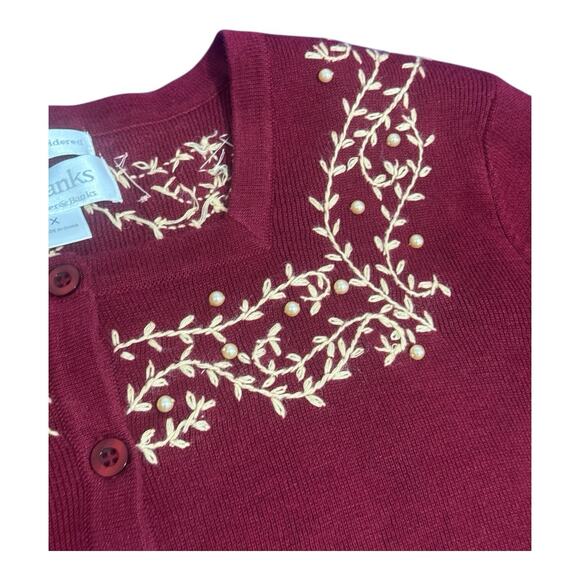 Vintage CJ Banks Red Hand Embroidered Floral Embellished Pearls Cardigan Sweater - Picture 6 of 8